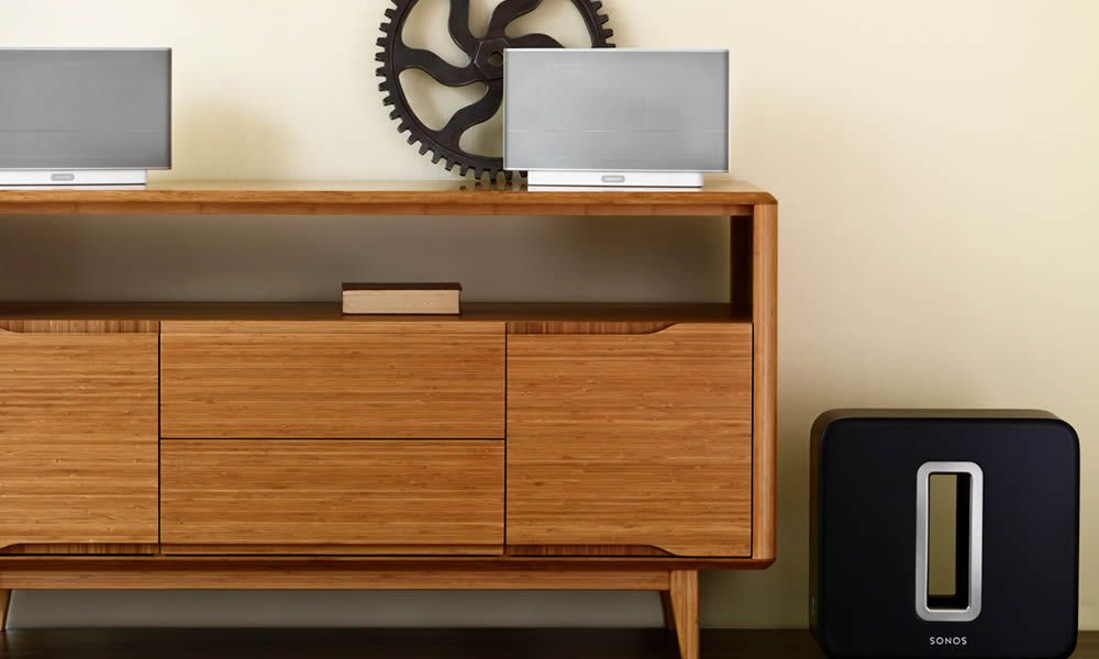 Sonos, speakers on wooden furniture