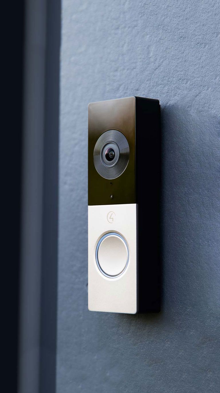Control4 chime doorbell on blue wall